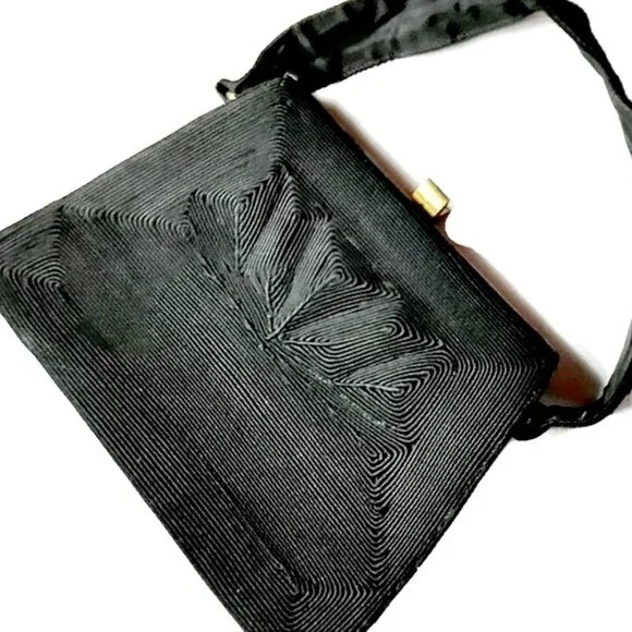 1940s Vintage Black Corde' Box Handbag With A Top Handle And A Front Design - Picture 1 of 8
